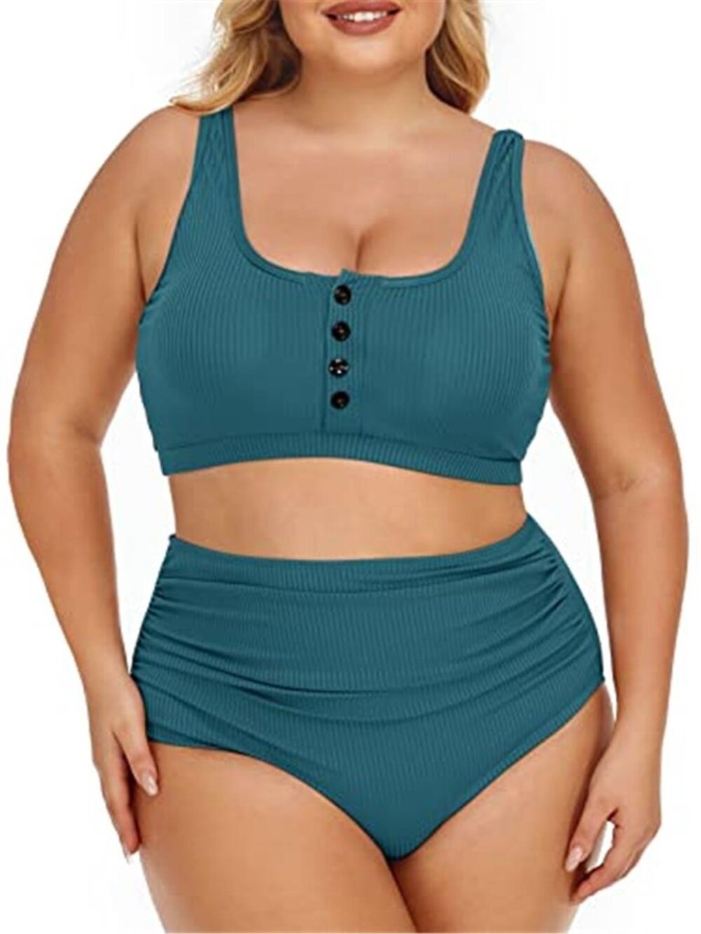 Plus Size Ribbed Bikini Set Tummy Control High Waisted Two Piece Swimsuit